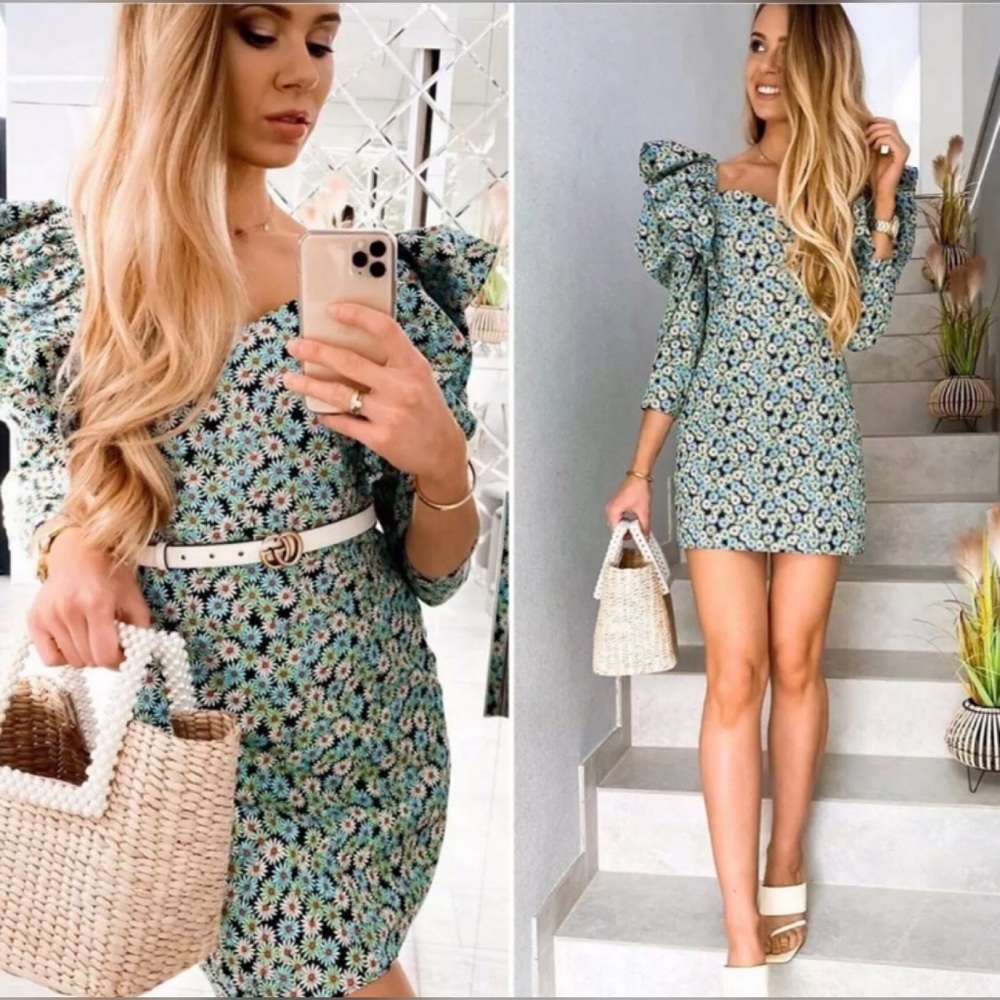 ZARA MULTICOLOR FLORAL DAISY PRINT POPLIN DRESS RUFFLES SIZE XS